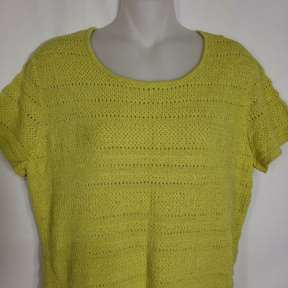 Evan Picone Womens Top Large Open Mesh Knit Yellow Green Short Sleeve Sweater - Picture 3 of 11